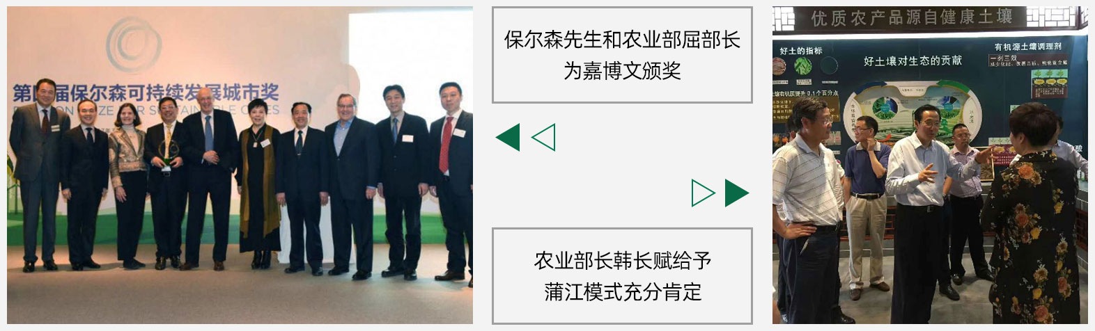 第四屆“保爾森可持續(xù)發(fā)展城市獎(jiǎng)”：與成都市、蒲江縣合作開(kāi)展“我們大部分的糧食、水和其他資源都來(lái)自農(nóng)村。如果農(nóng)村地區(qū)不能做到可持續(xù)發(fā)展，城市的發(fā)展也就難以為繼。今年的獲獎(jiǎng)項(xiàng)目準(zhǔn)確地展示了這種城鄉(xiāng)關(guān)聯(lián)的重要性，提供了可以在中國(guó)境內(nèi)推廣的可行商業(yè)模式”。